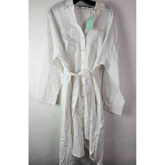 ESPRIT Button Minimalist 10 Belted Midi Shirt Dress 100% Cotton White W/Slip NWT - Picture 2 of 12